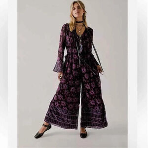 Free People Anna Sui Cassiel Black & Purple Floral Wide-Leg Jumpsuit